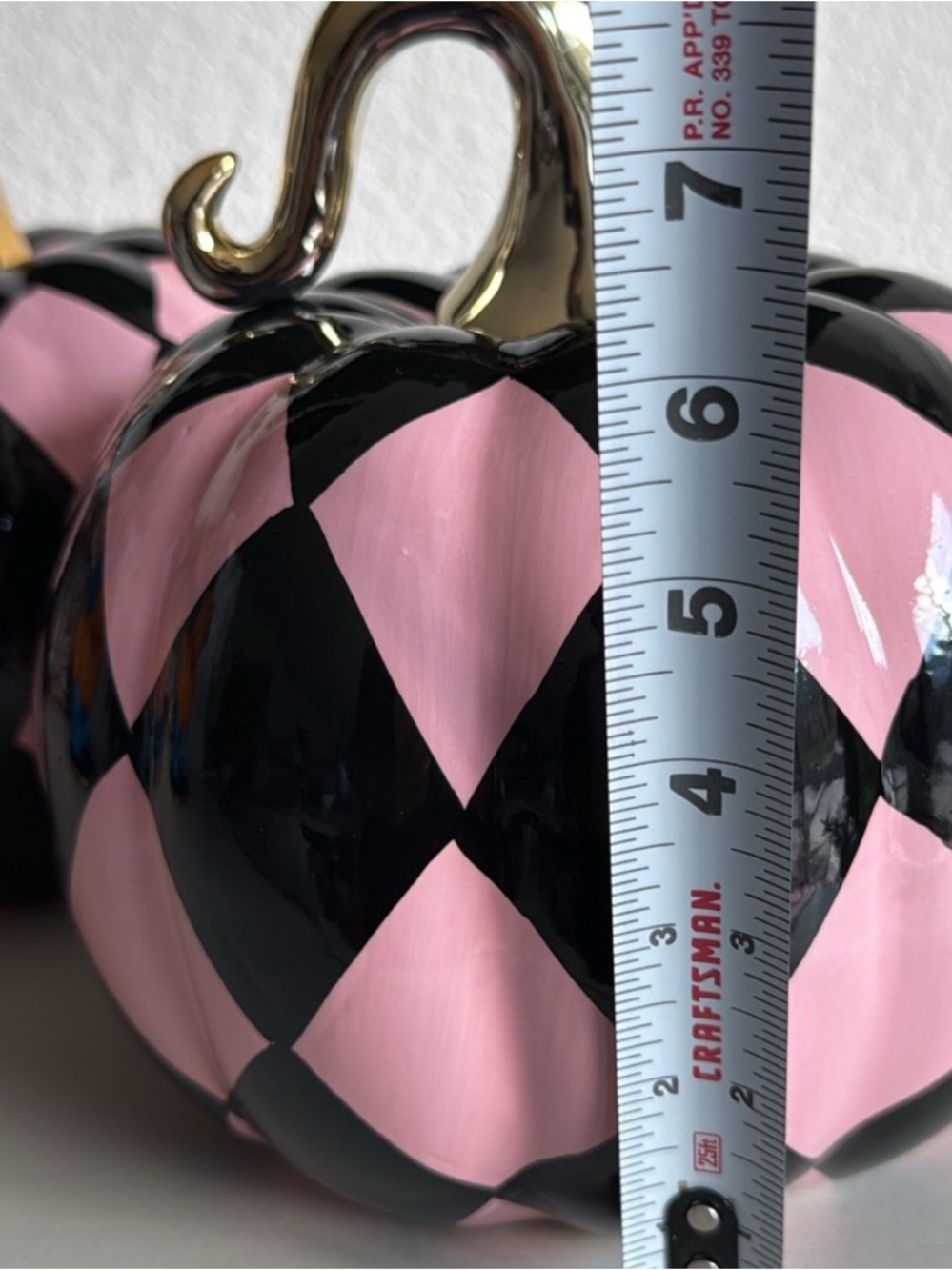 Black and Pink Harlequin Pumpkin. Glossy finish with a Gold stem. Like new! - Picture 7 of 8
